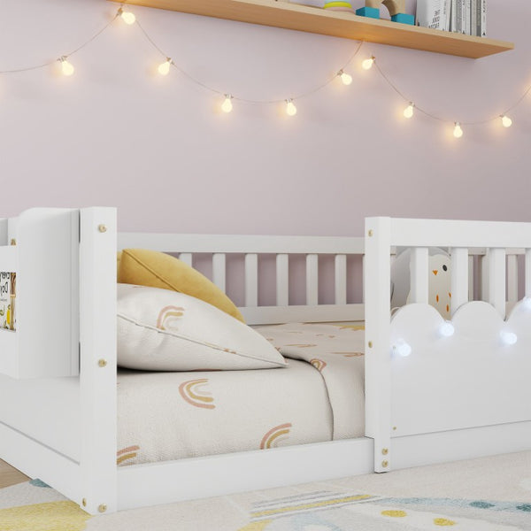 English Elm Twin Montessori Floor Bed Pine Wood Frame with LED Strip Guard Rails and Storage Shelf W2593P445131
