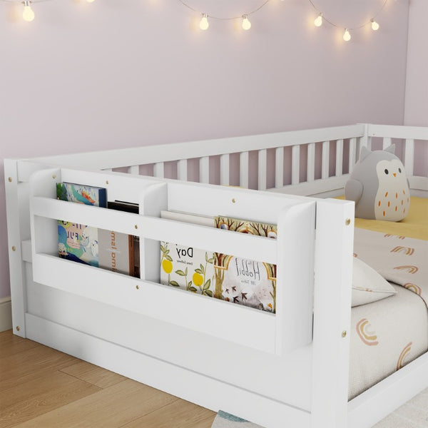 English Elm Twin Montessori Floor Bed Pine Wood Frame with LED Strip Guard Rails and Storage Shelf W2593P445131