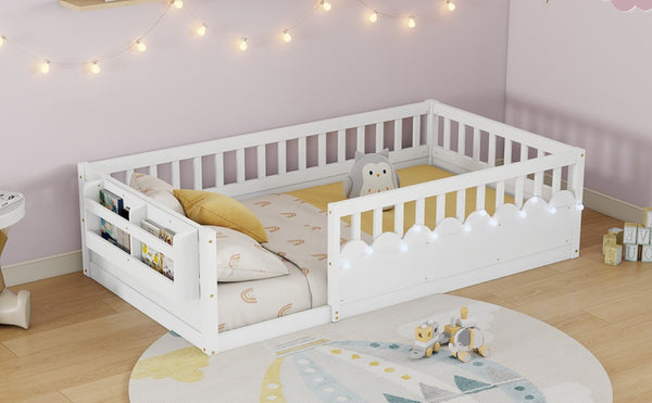 English Elm Twin Montessori Floor Bed Pine Wood Frame with LED Strip Guard Rails and Storage Shelf W2593P445131