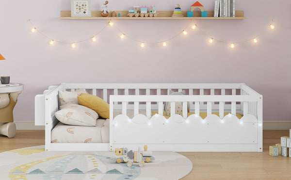 English Elm Twin Montessori Floor Bed Pine Wood Frame with LED Strip Guard Rails and Storage Shelf W2593P445131