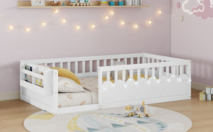 English Elm Twin Montessori Floor Bed Pine Wood Frame with LED Strip Guard Rails and Storage Shelf W2593P445131