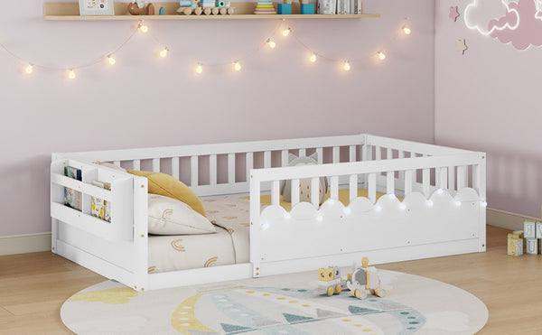 English Elm Twin Montessori Floor Bed Pine Wood Frame with LED Strip Guard Rails and Storage Shelf W2593P445131