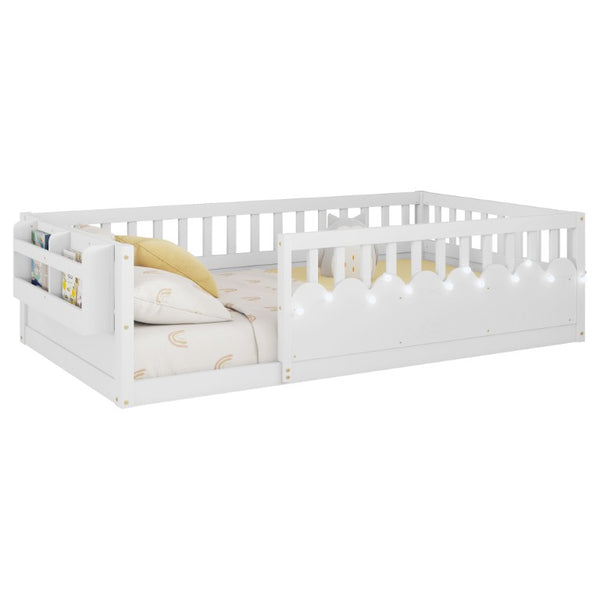 English Elm Twin Montessori Floor Bed Pine Wood Frame with LED Strip Guard Rails and Storage Shelf W2593P445131