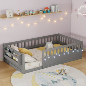 English Elm Twin Montessori Floor Bed Pine Wood Frame with LED Strip Light and Storage Shelf W2593P445202