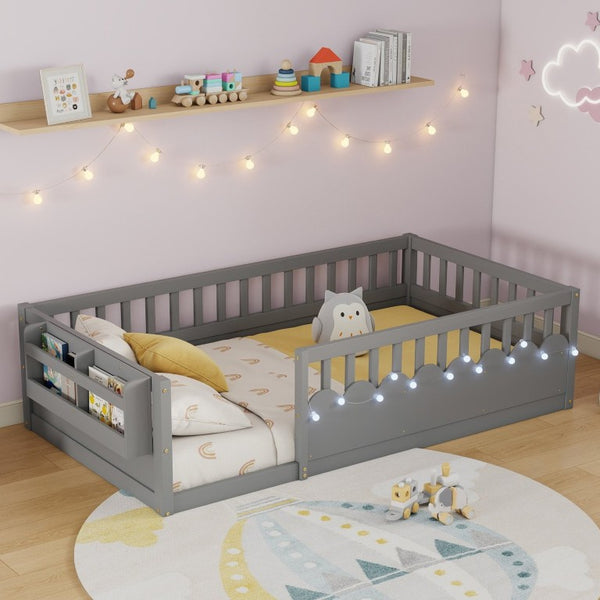 English Elm Twin Montessori Floor Bed Pine Wood Frame with LED Strip Light and Storage Shelf W2593P445202