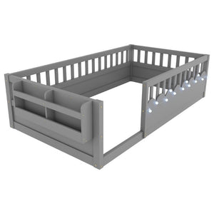 English Elm Twin Montessori Floor Bed Pine Wood Frame with LED Strip Light and Storage Shelf W2593P445202