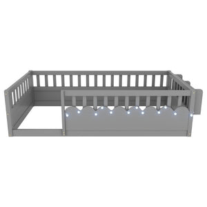 English Elm Twin Montessori Floor Bed Pine Wood Frame with LED Strip Light and Storage Shelf W2593P445202