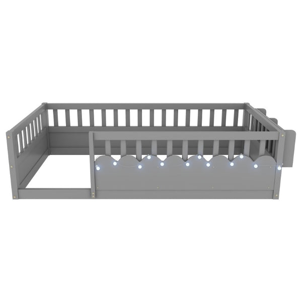 English Elm Twin Montessori Floor Bed Pine Wood Frame with LED Strip Light and Storage Shelf W2593P445202