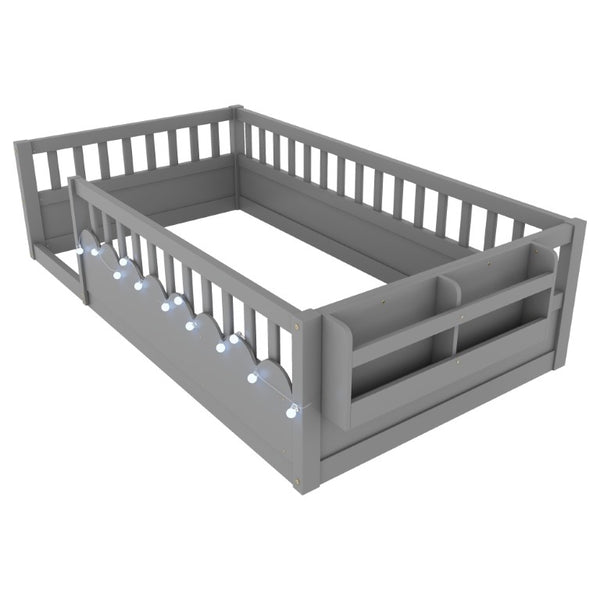 English Elm Twin Montessori Floor Bed Pine Wood Frame with LED Strip Light and Storage Shelf W2593P445202