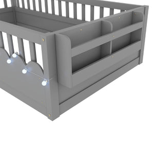 English Elm Twin Montessori Floor Bed Pine Wood Frame with LED Strip Light and Storage Shelf W2593P445202