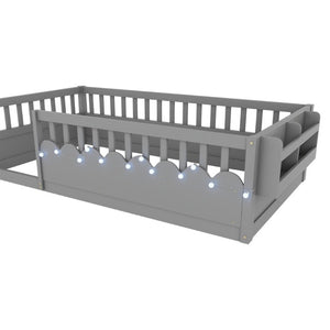 English Elm Twin Montessori Floor Bed Pine Wood Frame with LED Strip Light and Storage Shelf W2593P445202
