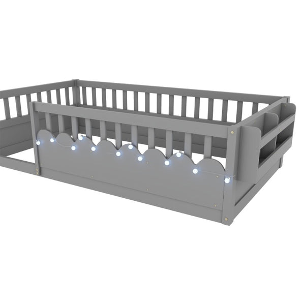 English Elm Twin Montessori Floor Bed Pine Wood Frame with LED Strip Light and Storage Shelf W2593P445202