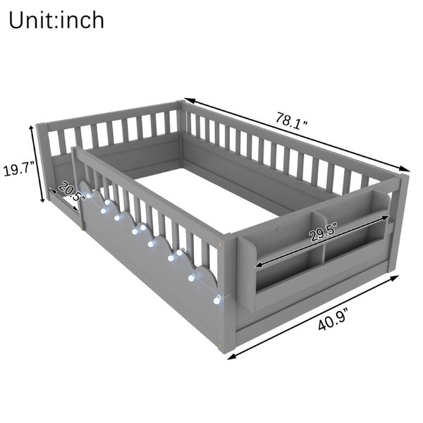 English Elm Twin Montessori Floor Bed Pine Wood Frame with LED Strip Light and Storage Shelf W2593P445202