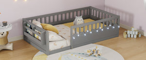 English Elm Twin Montessori Floor Bed Pine Wood Frame with LED Strip Light and Storage Shelf W2593P445202