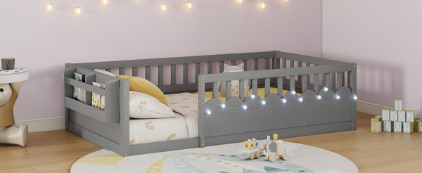 English Elm Twin Montessori Floor Bed Pine Wood Frame with LED Strip Light and Storage Shelf W2593P445202