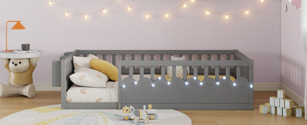 English Elm Twin Montessori Floor Bed Pine Wood Frame with LED Strip Light and Storage Shelf W2593P445202