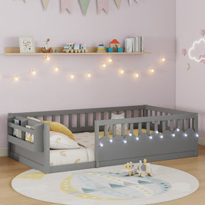 English Elm Twin Montessori Floor Bed Pine Wood Frame with LED Strip Light and Storage Shelf W2593P445202