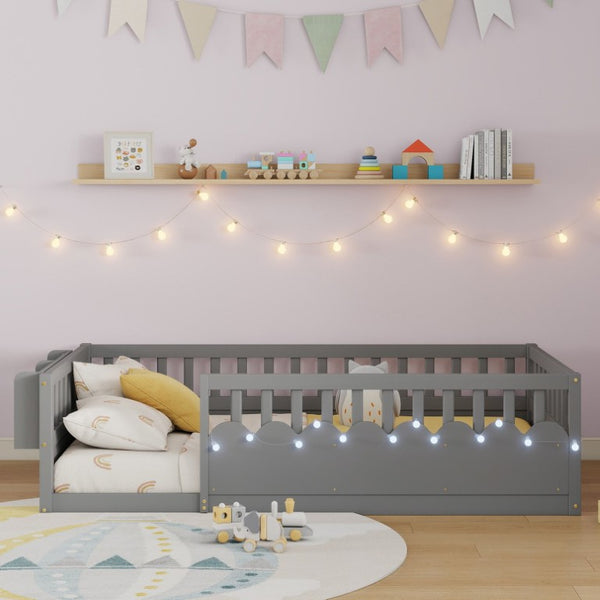 English Elm Twin Montessori Floor Bed Pine Wood Frame with LED Strip Light and Storage Shelf W2593P445202