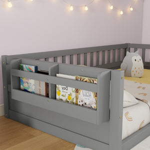 English Elm Twin Montessori Floor Bed Pine Wood Frame with LED Strip Light and Storage Shelf W2593P445202