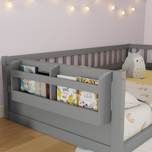 English Elm Twin Montessori Floor Bed Pine Wood Frame with LED Strip Light and Storage Shelf W2593P445202