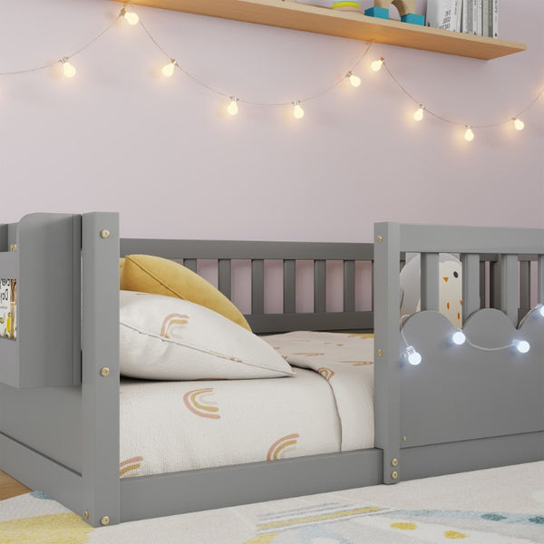 English Elm Twin Montessori Floor Bed Pine Wood Frame with LED Strip Light and Storage Shelf W2593P445202