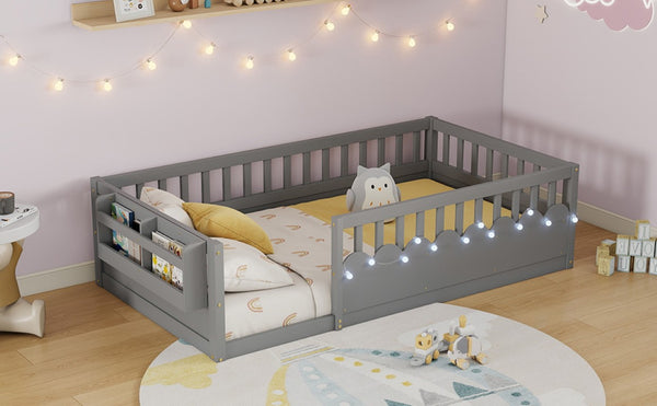 English Elm Twin Montessori Floor Bed Pine Wood Frame with LED Strip Light and Storage Shelf W2593P445202