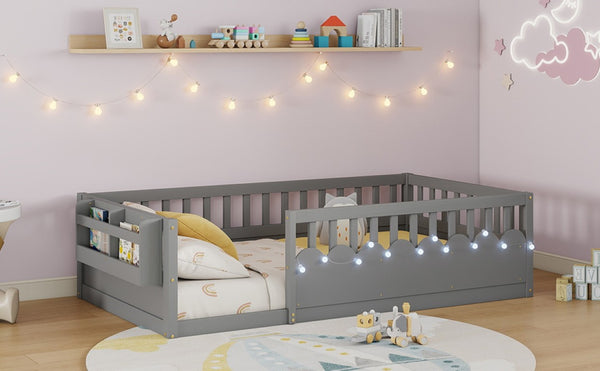 English Elm Twin Montessori Floor Bed Pine Wood Frame with LED Strip Light and Storage Shelf W2593P445202