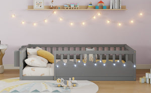 English Elm Twin Montessori Floor Bed Pine Wood Frame with LED Strip Light and Storage Shelf W2593P445202