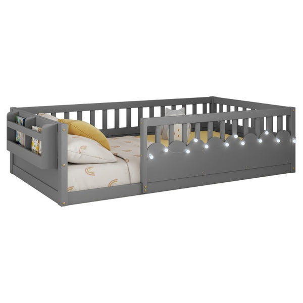 English Elm Twin Montessori Floor Bed Pine Wood Frame with LED Strip Light and Storage Shelf W2593P445202