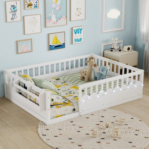 English Elm Full Montessori Floor Bed Solid Pine Frame with LED Strip Light and Storage Shelf W2593P445207