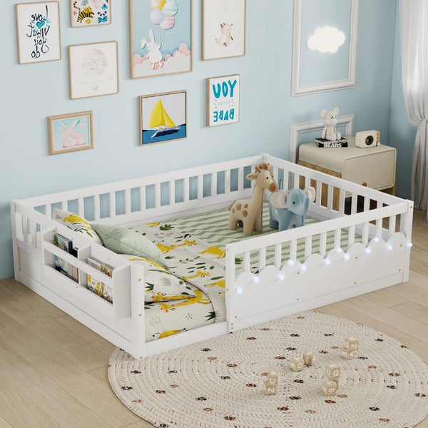 English Elm Full Montessori Floor Bed Solid Pine Frame with LED Strip Light and Storage Shelf W2593P445207