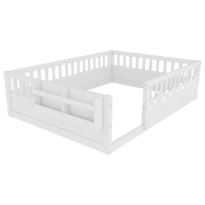 English Elm Full Montessori Floor Bed Solid Pine Frame with LED Strip Light and Storage Shelf W2593P445207