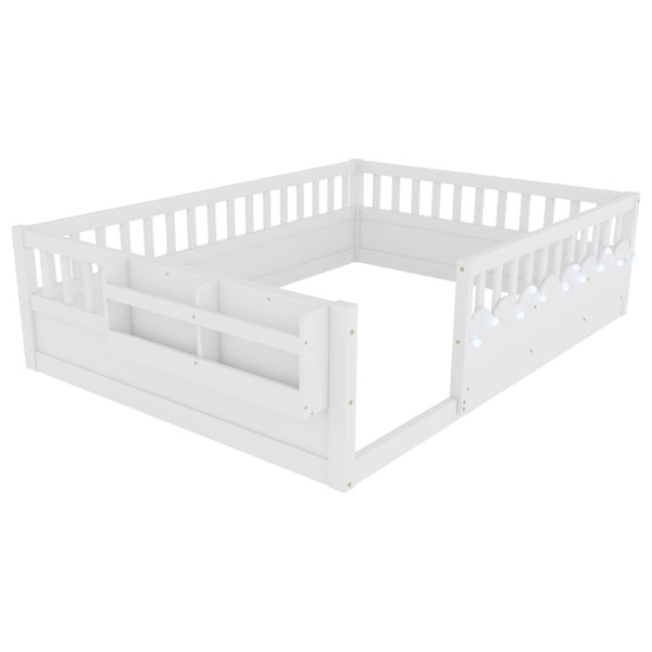 English Elm Full Montessori Floor Bed Solid Pine Frame with LED Strip Light and Storage Shelf W2593P445207