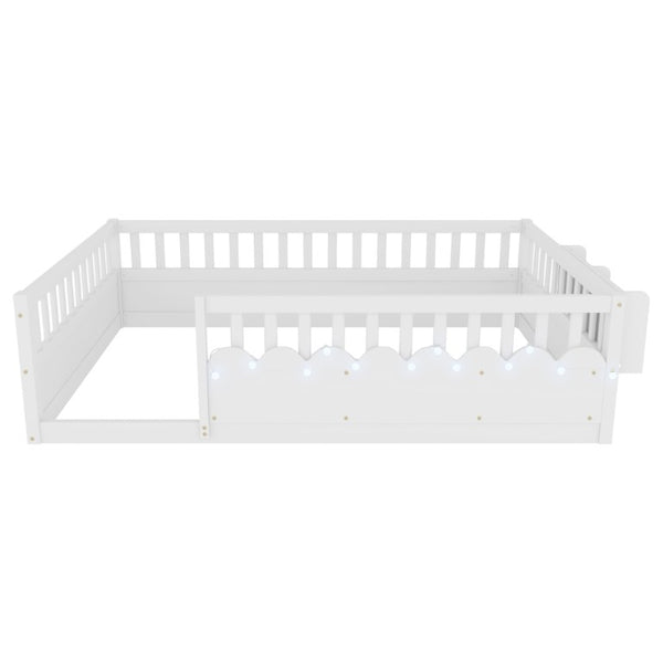 English Elm Full Montessori Floor Bed Solid Pine Frame with LED Strip Light and Storage Shelf W2593P445207