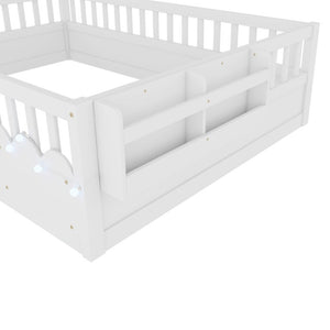 English Elm Full Montessori Floor Bed Solid Pine Frame with LED Strip Light and Storage Shelf W2593P445207