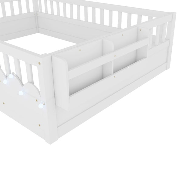 English Elm Full Montessori Floor Bed Solid Pine Frame with LED Strip Light and Storage Shelf W2593P445207