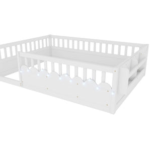 English Elm Full Montessori Floor Bed Solid Pine Frame with LED Strip Light and Storage Shelf W2593P445207