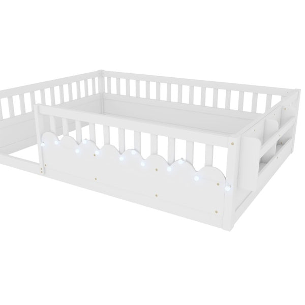 English Elm Full Montessori Floor Bed Solid Pine Frame with LED Strip Light and Storage Shelf W2593P445207