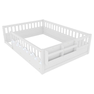 English Elm Full Montessori Floor Bed Solid Pine Frame with LED Strip Light and Storage Shelf W2593P445207