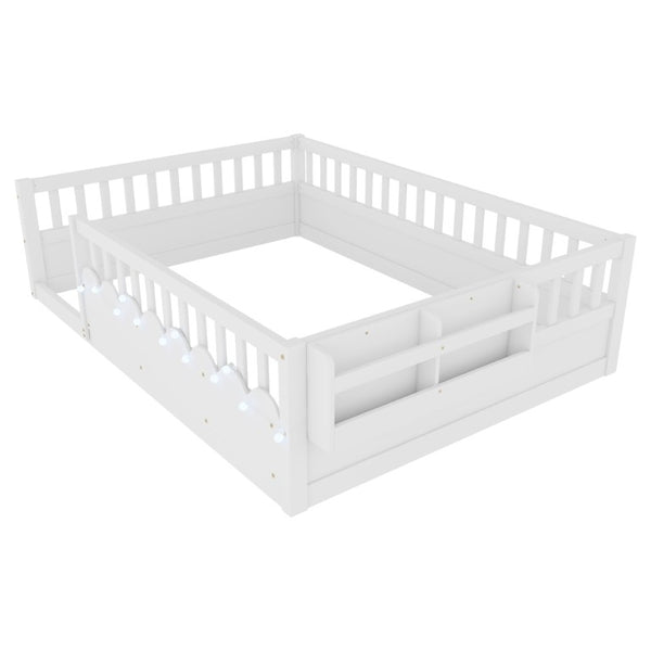 English Elm Full Montessori Floor Bed Solid Pine Frame with LED Strip Light and Storage Shelf W2593P445207
