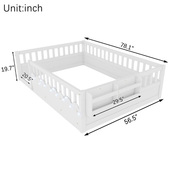English Elm Full Montessori Floor Bed Solid Pine Frame with LED Strip Light and Storage Shelf W2593P445207