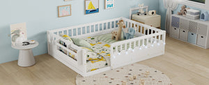 English Elm Full Montessori Floor Bed Solid Pine Frame with LED Strip Light and Storage Shelf W2593P445207