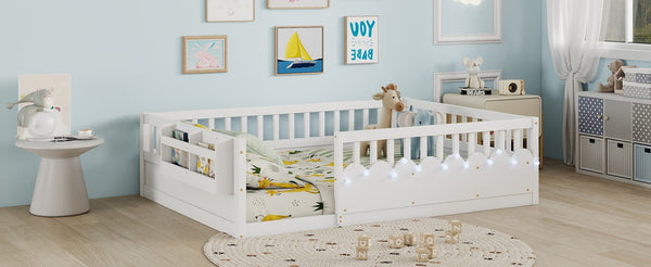 English Elm Full Montessori Floor Bed Solid Pine Frame with LED Strip Light and Storage Shelf W2593P445207