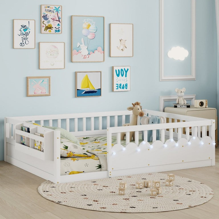 English Elm Full Montessori Floor Bed Solid Pine Frame with LED Strip Light and Storage Shelf W2593P445207