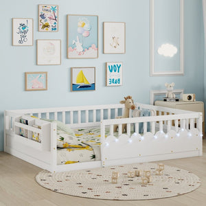English Elm Full Montessori Floor Bed Solid Pine Frame with LED Strip Light and Storage Shelf W2593P445207