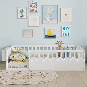 English Elm Full Montessori Floor Bed Solid Pine Frame with LED Strip Light and Storage Shelf W2593P445207