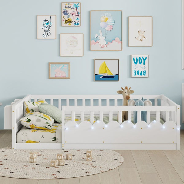 English Elm Full Montessori Floor Bed Solid Pine Frame with LED Strip Light and Storage Shelf W2593P445207