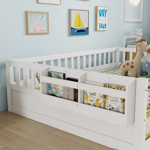 English Elm Full Montessori Floor Bed Solid Pine Frame with LED Strip Light and Storage Shelf W2593P445207