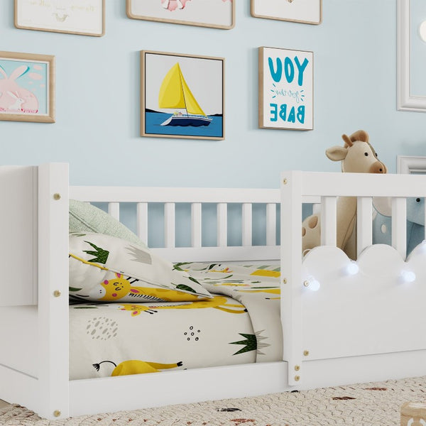 English Elm Full Montessori Floor Bed Solid Pine Frame with LED Strip Light and Storage Shelf W2593P445207