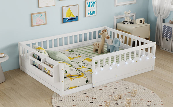English Elm Full Montessori Floor Bed Solid Pine Frame with LED Strip Light and Storage Shelf W2593P445207
